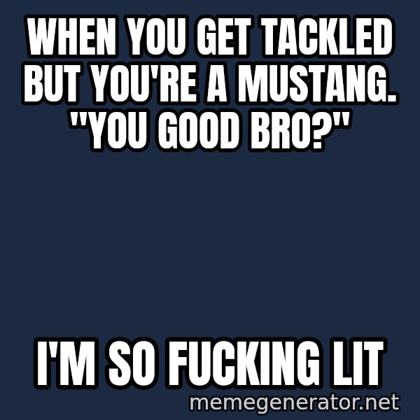 Seal Lit meme: When you get tackled but you're a Mustang. "You good bro?" / I'm so fucking LIT