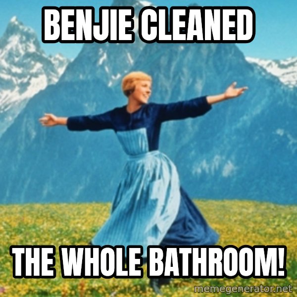 Sound Of Music Lady meme: Benjie cleaned / the whole bathroom!