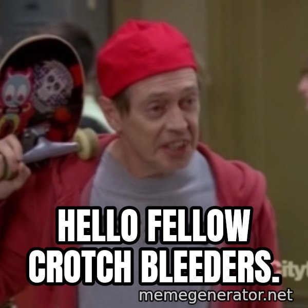 Fellow Kids meme: Hello fellow crotch bleeders.