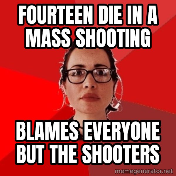 Liberal Douche Garofalo meme: fourteen die in a mass shooting / blames everyone but the shooters