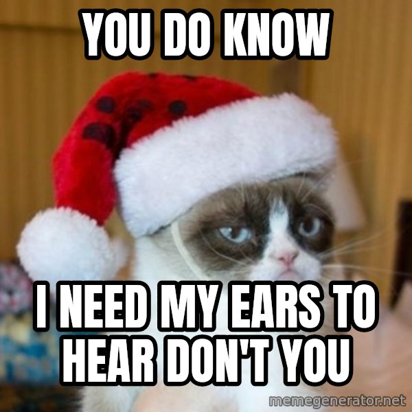 Grumpy Cat Santa Hat meme: you do know / i need my ears to hear don't you