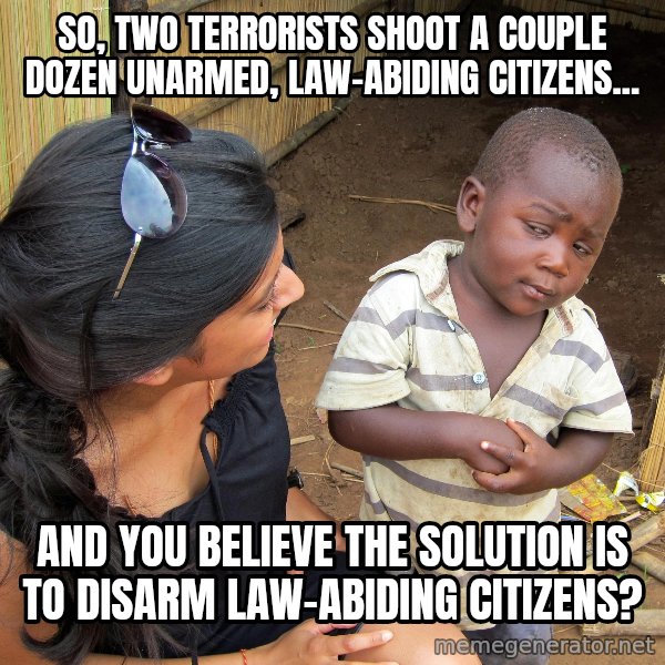 Skeptical 3rd World Kid meme: SO, TWO TERRORISTS SHOOT A COUPLE DOZEN UNARMED, LAW-ABIDING CITIZENS... / AND YOU BELIEVE THE SOLUTION IS TO DISARM LAW-ABIDING CITIZENS?