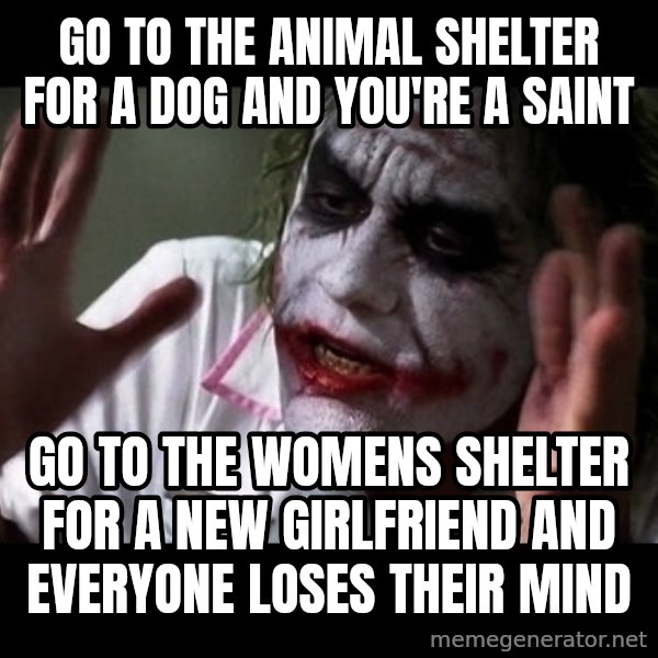 joker mind loss meme: Go to the animal shelter for a dog and you're a saint / go to the womens shelter for a new girlfriend and everyone loses their mind