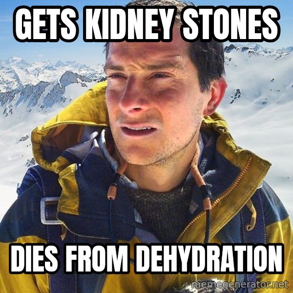 Bear Grylls meme: Gets kidney stones / Dies from dehydration