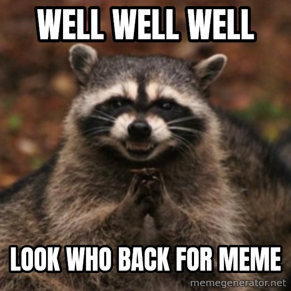 evil raccoon meme: well well well / look who back for meme