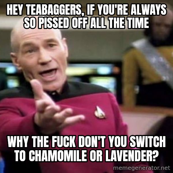 Picard Wtf meme: hey teabaggers, if you're always so pissed off all the time / why the fuck don't you switch to chamomile or lavender?