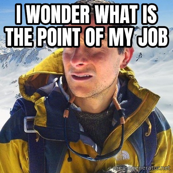 Bear Grylls Loneliness meme: i wonder what is the point of my job