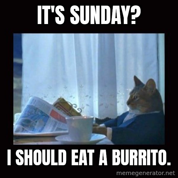 i should buy a boat cat meme: It's Sunday? / I should eat a burrito.