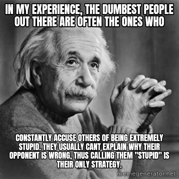 Albert Einstein meme: In my experience, the dumbest people out there are often the ones who / constantly accuse others of being extremely stupid. they usually cant explain why their opponent is wrong, thus calling them "stupid" is their only strategy.