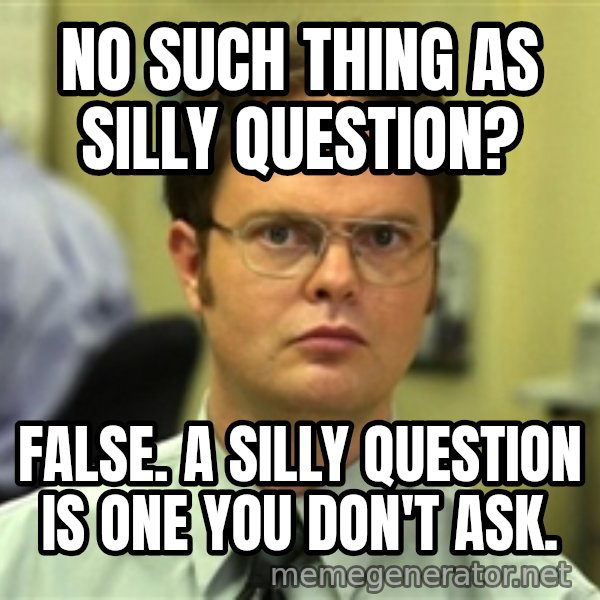 Dwight Meme meme: NO such thing as silly question? / False. A silly question is one you don't ask.