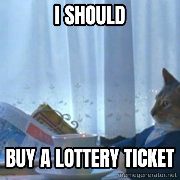 newspaper cat realization meme: I SHOULD / BUY A LOTTERY TICKET