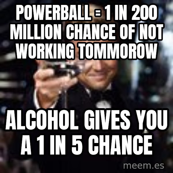 Di Caprio Drink meme: powerball = 1 in 200 million chance of not working tommorow / alcohol gives you a 1 in 5 chance
