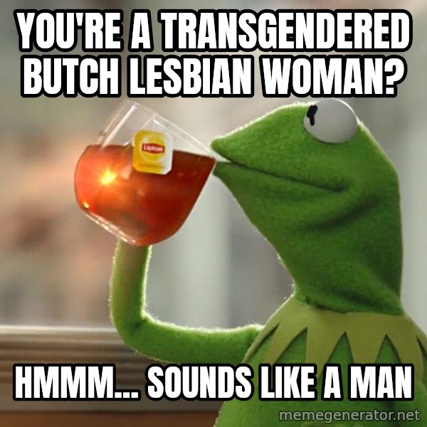 Kermit The Frog Drinking Tea meme: You're a transgendered butch lesbian woman? / hmmm... sounds like a man