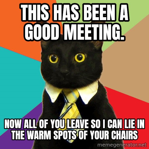 Business Cat meme: This has been a good meeting. / now all of you leave so i can lie in the warm spots of your chairs