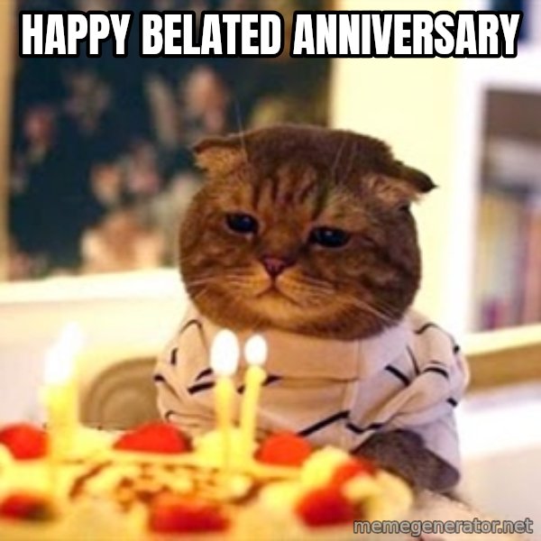 Birthday Cat meme: happy belated anniversary