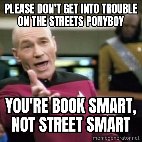 Why the fuck meme: please don't get into trouble on the streets ponyboy / you're book smart, not street smart