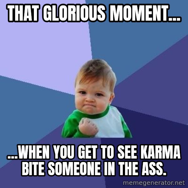 Success Kid meme: That glorious moment... / ...when you get to see Karma bite someone in the ass.