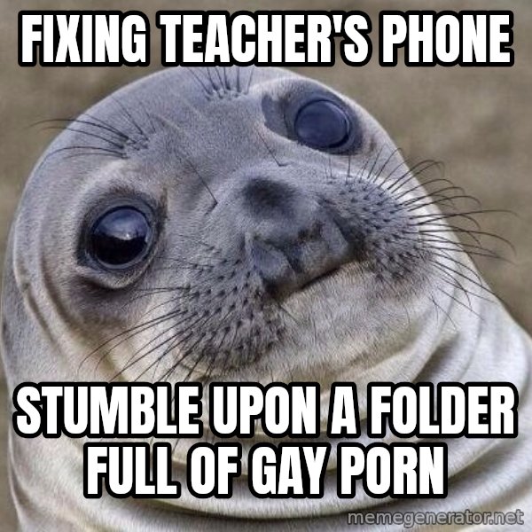 Awkward Seal meme: fixing teacher's phone / stumble upon a folder full of gay porn