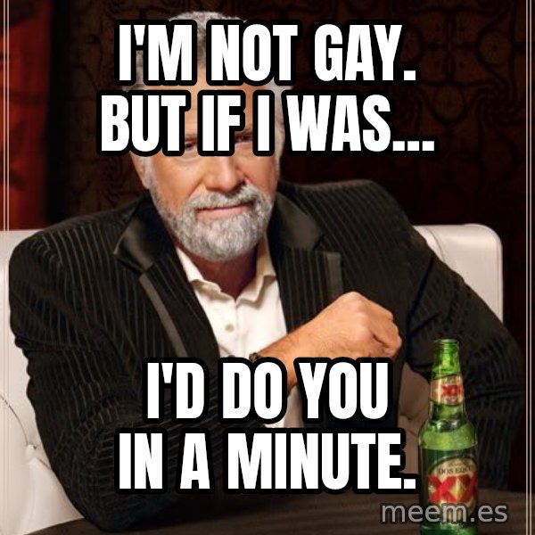The Most Interesting Man In The World meme: I'M NOT GAY. BUT IF I WAS... / I'D DO YOU IN A MINUTE.