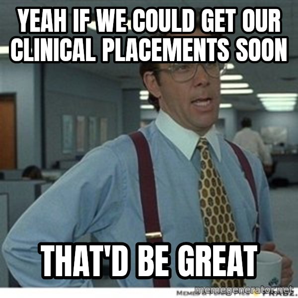 That would be great meme: yeah if we could get our clinical placements soon / that'd be great