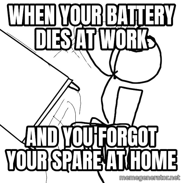 Desk Flip Rage Guy meme: when your battery dies at work / and you forgot your spare at home