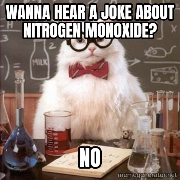 Chemistry Cat meme: wanna hear a joke about nitrogen monoxide? / No