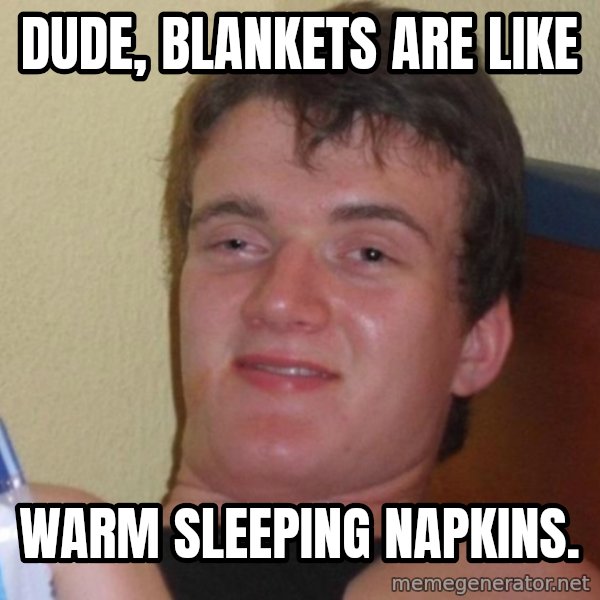 high/drunk guy meme: Dude, blankets are like / warm sleeping napkins.