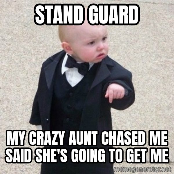 Mafia Baby meme: stand guard / my crazy aunt chased me said she's going to get me