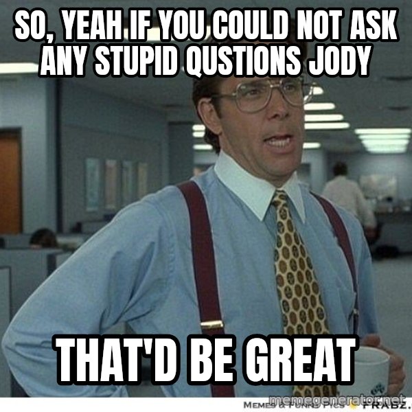 Yeah If You Could Just meme: SO, YEAH IF YOU COULD NOT ASK ANY STUPID QUSTIONS JODY / THAT'D BE GREAT