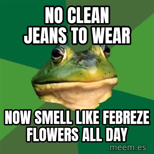Foul Bachelor Frog meme: No clean jeans to wear / Now smell like febreze flowers all day