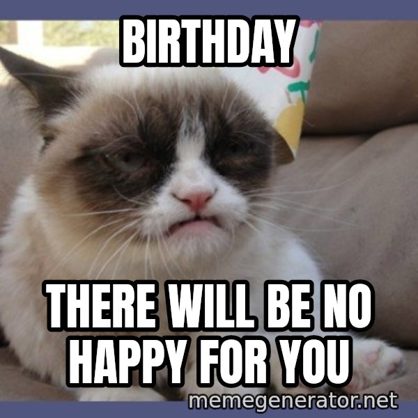 Birthday Grumpy Cat meme: Birthday / there will be no happy for you