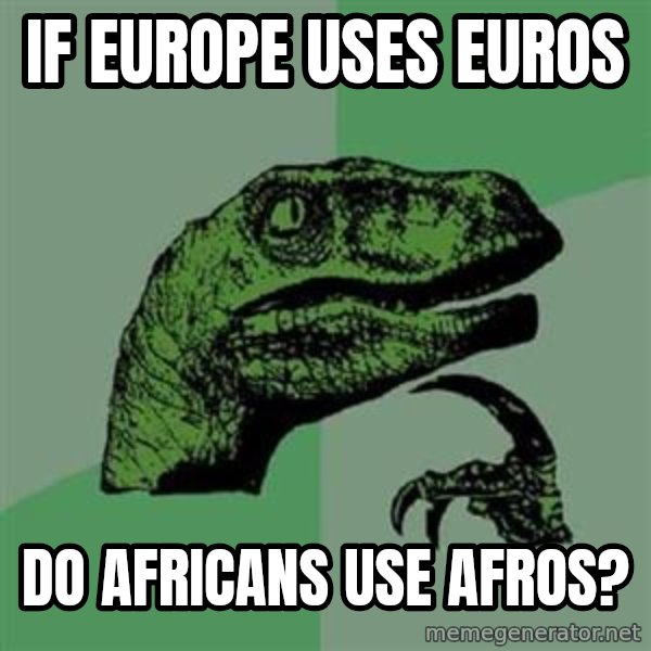 Philosoraptor meme: if Europe uses Euros / do Africans use Afros?