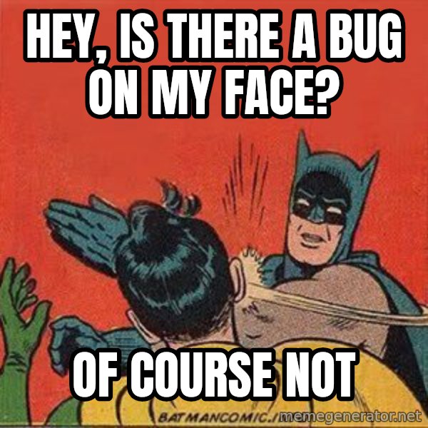 batman slap robin meme: hey, is there a bug on my face? / of course not