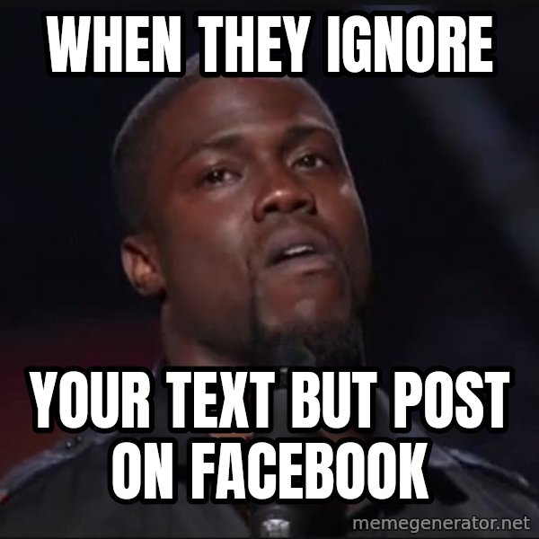 Kevin Hart Face meme: when they Ignore / your text but post on facebook