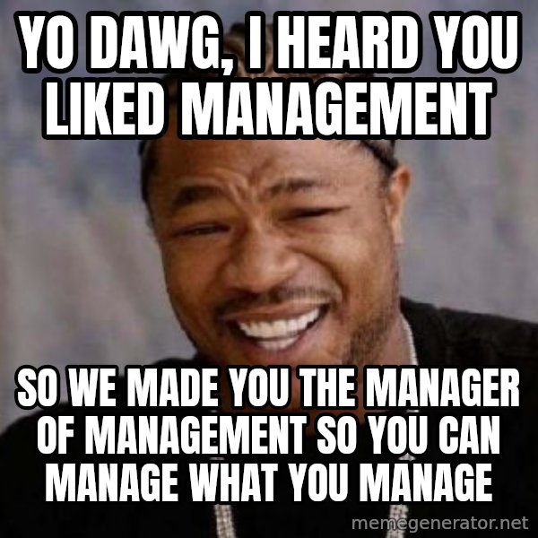 Yo Dawg meme: Yo dawg, I heard you liked management / so we made you the manager of management so you can manage what you manage