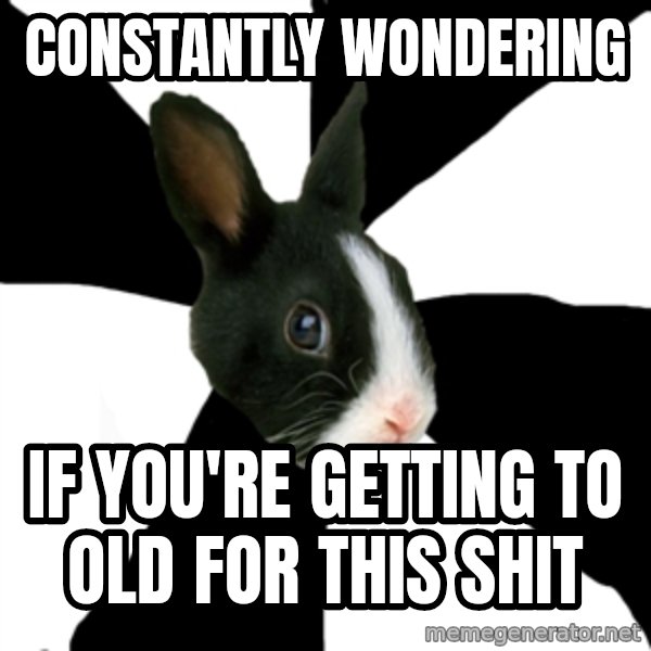 Roleplaying Rabbit meme: Constantly wondering / if you're getting to old for this shit