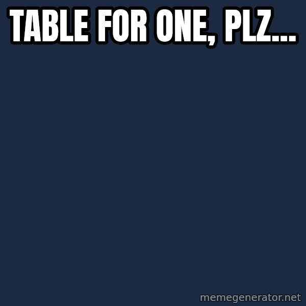 Forever Alone meme: Table for one, plz...