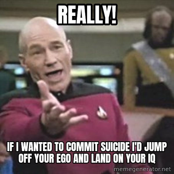 Captain Picard meme: Really! / If I wanted to commit suicide I'd jump off your ego and land on your IQ
