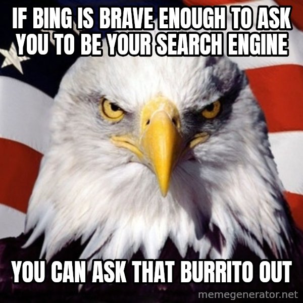 American Pride Eagle meme: If bing is brave enough to ask you to be your search engine / you can ask that burrito out