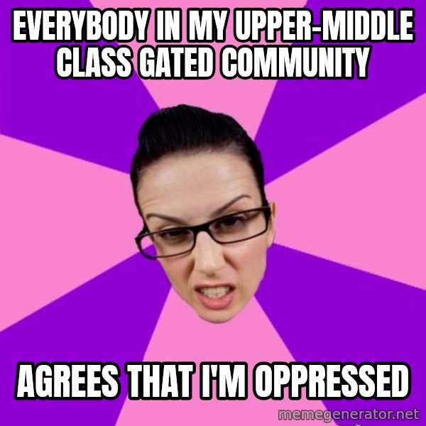 Privilege Denying Feminist meme: everybody in my upper-middle class gated community / agrees that i'm oppressed