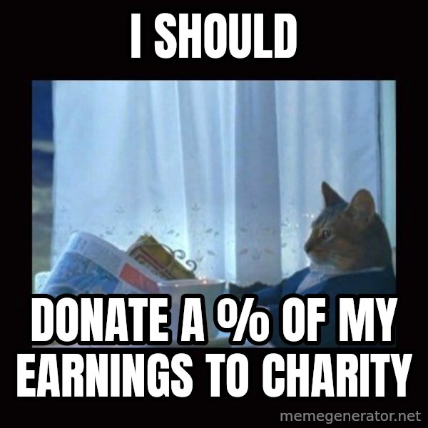 i should buy a boat cat meme: I should / Donate a % of my earnings to charity