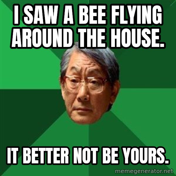 High Expectations Asian Father meme: i saw a bee flying around the house. / it better not be yours.