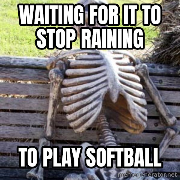 Waiting Skeleton meme: Waiting for it to stop raining / To play softball