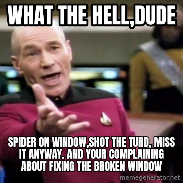 Picard Wtf meme: What the hell,dude / Spider on window,shot the turd, miss it anyway. And your complaining about fixing the broken window