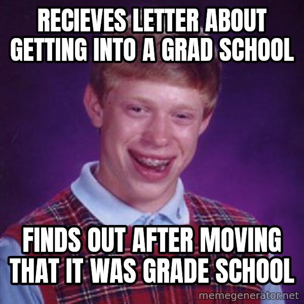 Bad Luck Brian meme: recieves letter about getting into a grad school / finds out after moving that it was grade school