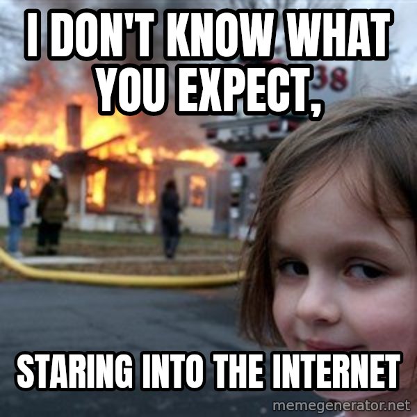 Disaster Girl meme: I don't know what you expect, / Staring into the internet