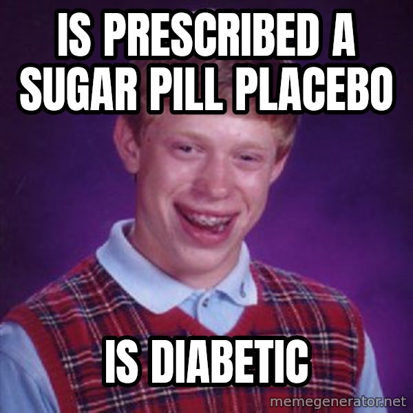 Bad Luck Brian meme: is prescribed a sugar pill placebo / is  diabetic
