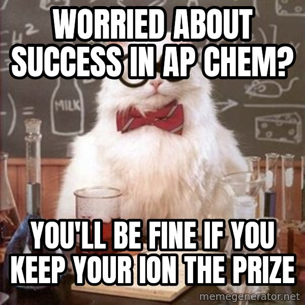 Chemistry Cat meme: Worried about success in AP Chem? / You'll be fine if you keep your ion the prize