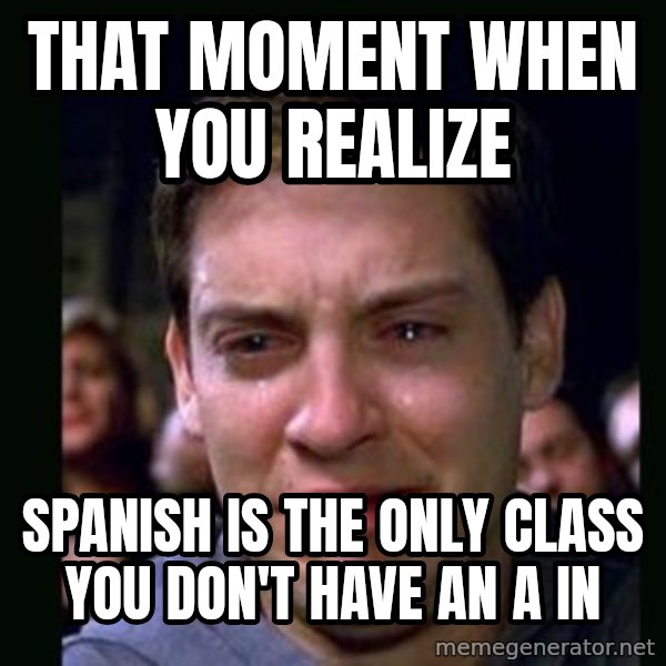 crying peter parker meme: That moment when you realize / Spanish is the only class you don't have an A in