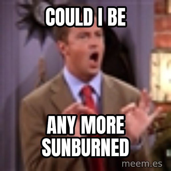 Chandler Bing Could I Be meme: Could I be / any more sunburned
